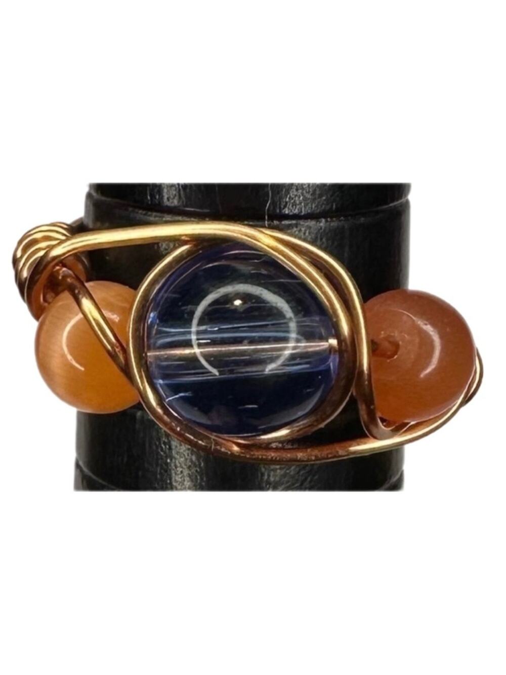 Copper ring Blue and orange glass beads wire wrap handmade
